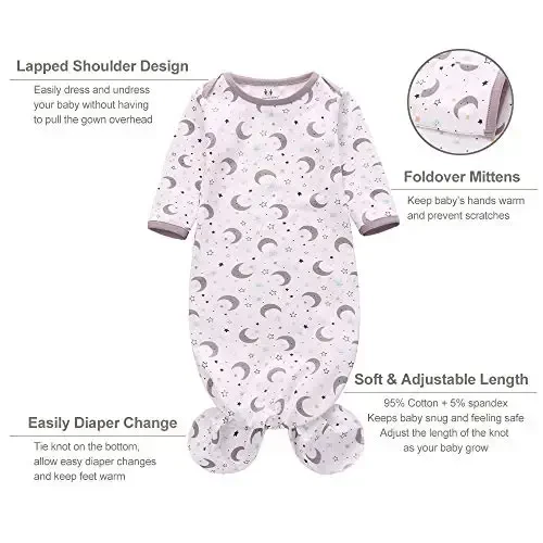 Newborn Knotted Nightgown Long Sleeve with Matching Hat Set 3 Pack, Cotton Baby Sleeper Gowns Sleeping Bags Home Outfits Set with Mitten Cuffs for Boys Girls (Moon + Star + Planet, 6-12 Months) - 3
