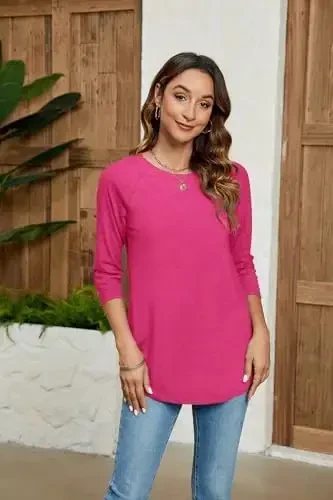 Newchoice ayollar 3/4 uzunlikdagi yengli toplari Kundalik yumaloq bo'yinli asosiy tunika ko'ylaklar keng bichimli - 3