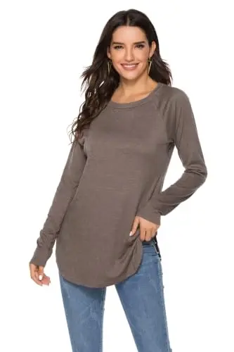 Newchoice Ayollar kundalik yarshap yengli uzun yengli futbolka yumaloq bo'yinli asosiy bo'sh tunik ustki kiyimlar - 2