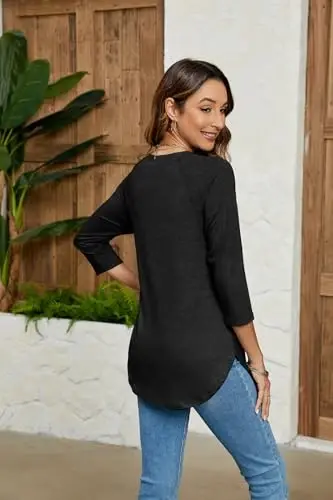 Newchoice Womens 3/4 Length Sleeve Tops Casual Round Neck Basic Tunic Shirts Loose Fit - 4