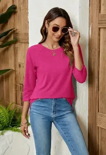 Newchoice Womens 3/4 Length Sleeve Tops Casual Round Neck Basic Tunic Shirts Loose Fit - 2