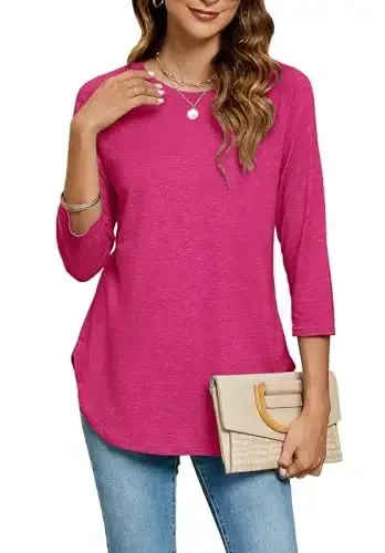 Newchoice Womens 3/4 Length Sleeve Tops Casual Round Neck Basic Tunic Shirts Loose Fit - Modazone