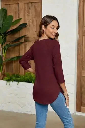 Newchoice Womens 3/4 Length Sleeve Tops Casual Round Neck Basic Tunic Shirts Loose Fit - 3