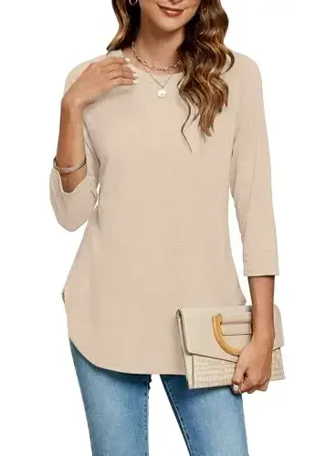 Newchoice Womens 3/4 Length Sleeve Tops Casual Round Neck Basic Tunic Shirts Loose Fit - Modazone