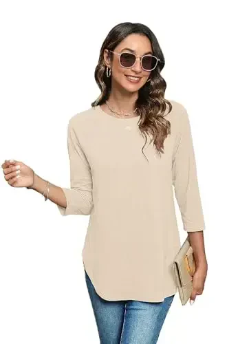 Newchoice Womens 3/4 Length Sleeve Tops Casual Round Neck Basic Tunic Shirts Loose Fit - 3