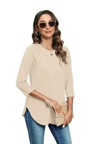Newchoice Womens 3/4 Length Sleeve Tops Casual Round Neck Basic Tunic Shirts Loose Fit - 4