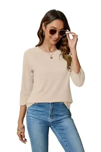 Newchoice Womens 3/4 Length Sleeve Tops Casual Round Neck Basic Tunic Shirts Loose Fit - 5
