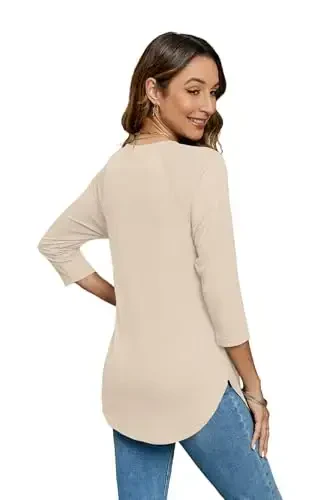 Newchoice Womens 3/4 Length Sleeve Tops Casual Round Neck Basic Tunic Shirts Loose Fit - 6