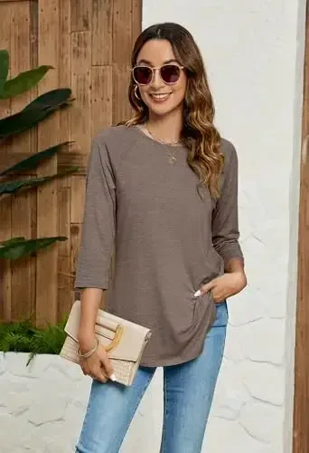 Newchoice Womens 3/4 Length Sleeve Tops Casual Round Neck Basic Tunic Shirts Loose Fit - 4