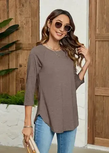 Newchoice Womens 3/4 Length Sleeve Tops Casual Round Neck Basic Tunic Shirts Loose Fit - 5