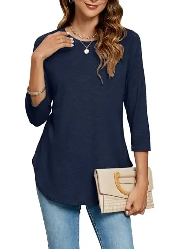 Newchoice Womens 3/4 Length Sleeve Tops Casual Round Neck Basic Tunic Shirts Loose Fit - 1