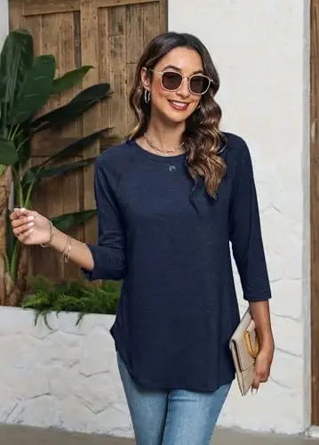 Newchoice Womens 3/4 Length Sleeve Tops Casual Round Neck Basic Tunic Shirts Loose Fit - 3