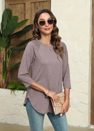 Newchoice Womens 3/4 Length Sleeve Tops Casual Round Neck Basic Tunic Shirts Loose Fit - NEWCHOICE (1)