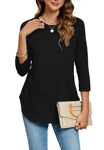Newchoice Womens 3/4 Length Sleeve Tops Casual Round Neck Basic Tunic Shirts Loose Fit 