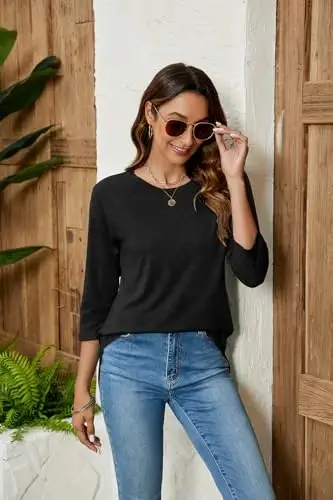 Newchoice Womens 3/4 Length Sleeve Tops Casual Round Neck Basic Tunic Shirts Loose Fit - NEWCHOICE (1)