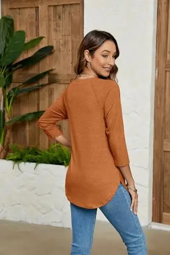 Newchoice Womens 3/4 Length Sleeve Tops Casual Round Neck Basic Tunic Shirts Loose Fit - 4