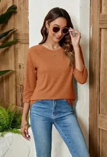 Newchoice Womens 3/4 Length Sleeve Tops Casual Round Neck Basic Tunic Shirts Loose Fit - Modazone (1)