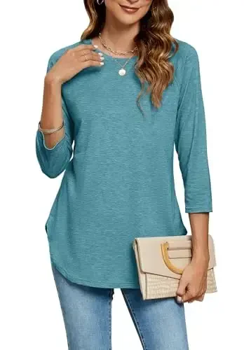 Newchoice Womens 3/4 Length Sleeve Tops Casual Round Neck Basic Tunic Shirts Loose Fit 
