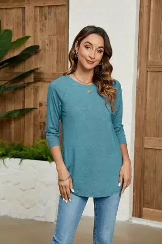 Newchoice Womens 3/4 Length Sleeve Tops Casual Round Neck Basic Tunic Shirts Loose Fit - 3