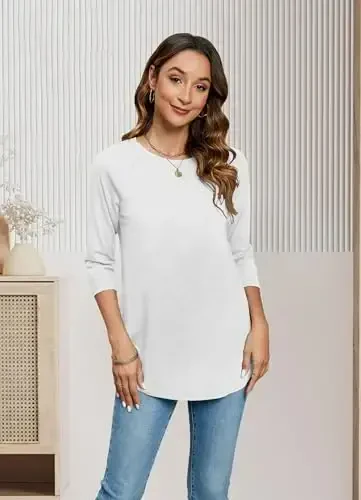 Newchoice Womens 3/4 Length Sleeve Tops Casual Round Neck Basic Tunic Shirts Loose Fit - 2