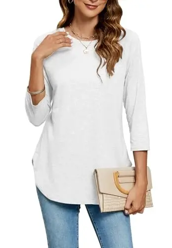 Newchoice Womens 3/4 Length Sleeve Tops Casual Round Neck Basic Tunic Shirts Loose Fit 