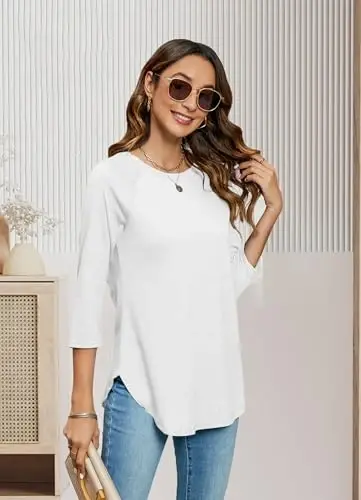 Newchoice Womens 3/4 Length Sleeve Tops Casual Round Neck Basic Tunic Shirts Loose Fit - 3