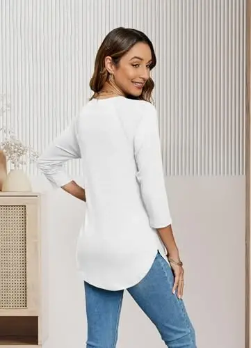 Newchoice Womens 3/4 Length Sleeve Tops Casual Round Neck Basic Tunic Shirts Loose Fit - 4
