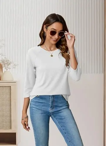 Newchoice Womens 3/4 Length Sleeve Tops Casual Round Neck Basic Tunic Shirts Loose Fit - 5