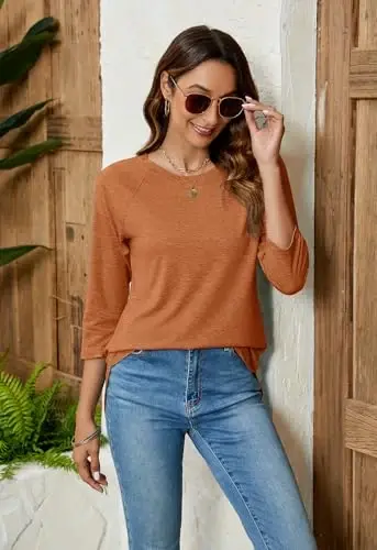 Newchoice Womens 3/4 Length Sleeve Tops Casual Round Neck Basic Tunic Shirts Loose Fit - 2