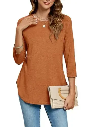 Newchoice Womens 3/4 Length Sleeve Tops Casual Round Neck Basic Tunic Shirts Loose Fit 