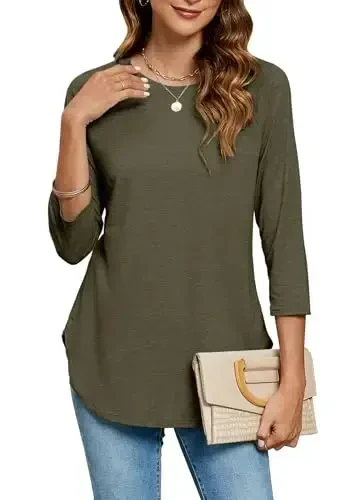 Newchoice Womens 3/4 Length Sleeve Tops Casual Round Neck Basic Tunic Shirts Loose Fit 