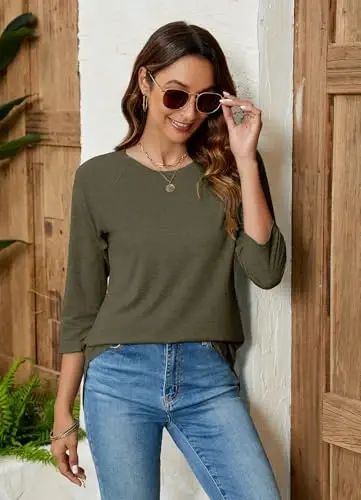 Newchoice Womens 3/4 Length Sleeve Tops Casual Round Neck Basic Tunic Shirts Loose Fit - 4