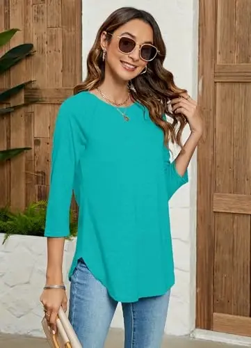 Newchoice Womens 3/4 Length Sleeve Tops Casual Round Neck Basic Tunic Shirts Loose Fit - 3