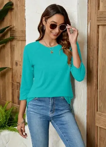 Newchoice Womens 3/4 Length Sleeve Tops Casual Round Neck Basic Tunic Shirts Loose Fit - 2