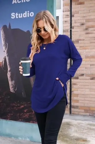 Newchoice Kadın Günlük Yarasa Kol Uzun Kollu Tişört Bisiklet Yaka Basic Bol Tunik Üstler - 3