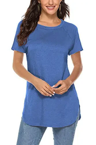 Newchoice Short Sleeve Shirts for Women Tunic Length Casual Tunics with Side Slit (XXL, Blue) - 1