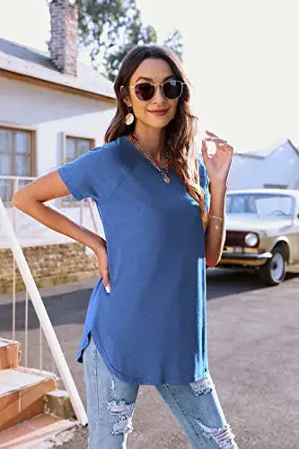 Newchoice Short Sleeve Shirts for Women Tunic Length Casual Tunics with Side Slit (XXL, Blue) - 2