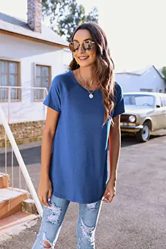 Newchoice Short Sleeve Shirts for Women Tunic Length Casual Tunics with Side Slit (XXL, Blue) - 5