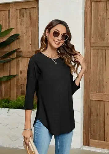 Newchoice Womens 3/4 Length Sleeve Tops Casual Round Neck Basic Tunic Shirts Loose Fit - 3