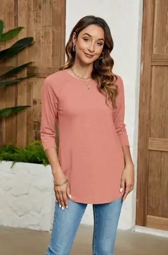 Newchoice Womens 3/4 Length Sleeve Tops Casual Round Neck Basic Tunic Shirts Loose Fit - NEWCHOICE (1)