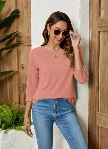 Newchoice Womens 3/4 Length Sleeve Tops Casual Round Neck Basic Tunic Shirts Loose Fit - 3