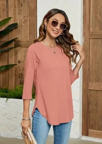 Newchoice Womens 3/4 Length Sleeve Tops Casual Round Neck Basic Tunic Shirts Loose Fit - 4