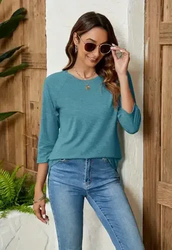 Newchoice Womens 3/4 Length Sleeve Tops Casual Round Neck Basic Tunic Shirts Loose Fit - 2