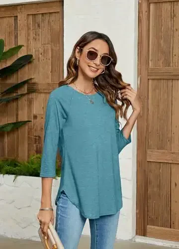Newchoice Womens 3/4 Length Sleeve Tops Casual Round Neck Basic Tunic Shirts Loose Fit - 4