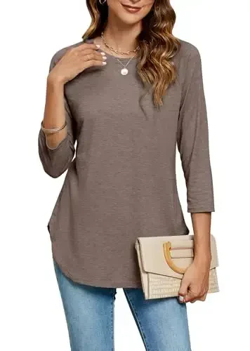 Newchoice Womens 3/4 Length Sleeve Tops Casual Round Neck Basic Tunic Shirts Loose Fit - NEWCHOICE
