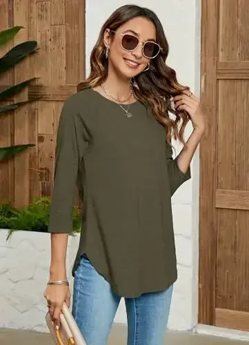 Newchoice Womens 3/4 Length Sleeve Tops Casual Round Neck Basic Tunic Shirts Loose Fit - 3