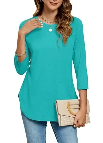 Newchoice Womens 3/4 Length Sleeve Tops Casual Round Neck Basic Tunic Shirts Loose Fit 