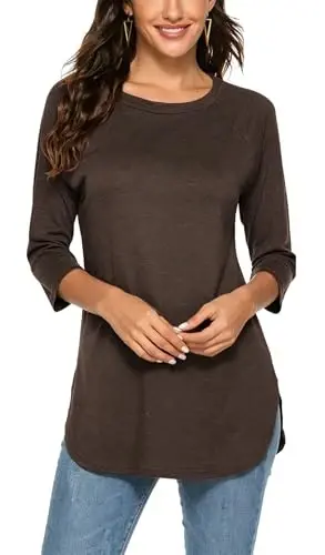 Newchoice Womens 3/4 Length Sleeve Tops Casual Round Neck Basic Tunic Shirts Loose Fit - 1