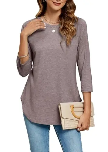 Newchoice Womens 3/4 Length Sleeve Tops Casual Round Neck Basic Tunic Shirts Loose Fit - 1