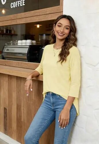 Newchoice Womens 3/4 Length Sleeve Tops Casual Round Neck Basic Tunic Shirts Loose Fit - Newchoice (1)